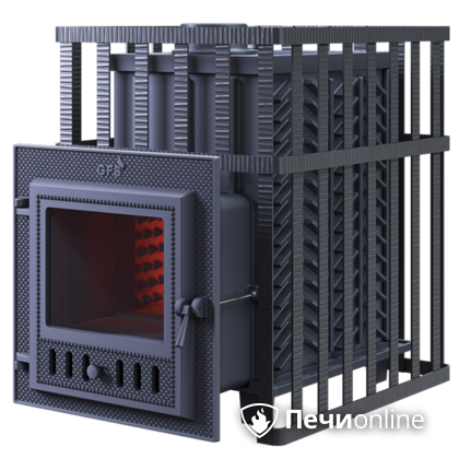 Дровяная банная печь Гефест ЗК в сетке-18 (М) чугунная дверца со стеклом, запатентованная каменка сетка в Иванове